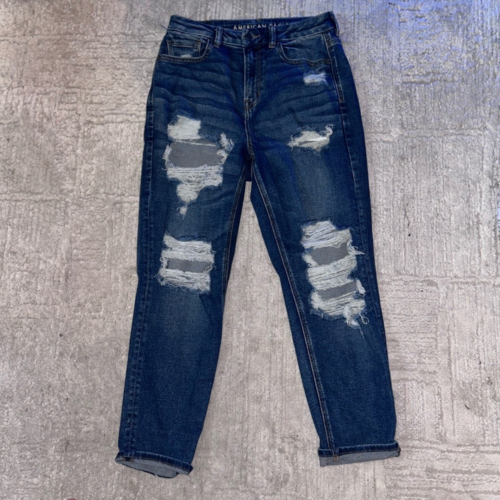 American Eagle Outfitters Women's Dark Blue Ripped Boyfriend Jeans